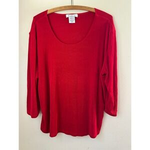 Vintage Calison Women's 1X Red Ribbed Scoop Neck 3/4 Sleeve Top Holiday Glam